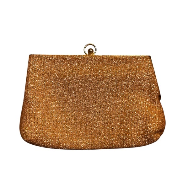 Vintage 1950s Gold Glitter Clutch Purse Mid Century Metallic Kiss Lock Handbag - Picture 3 of 7